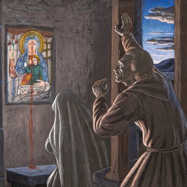 Il sacrista, aprendo la chiesa, vede una donna misteriosa, raccolta in  preghiera innanzi all'immagine
